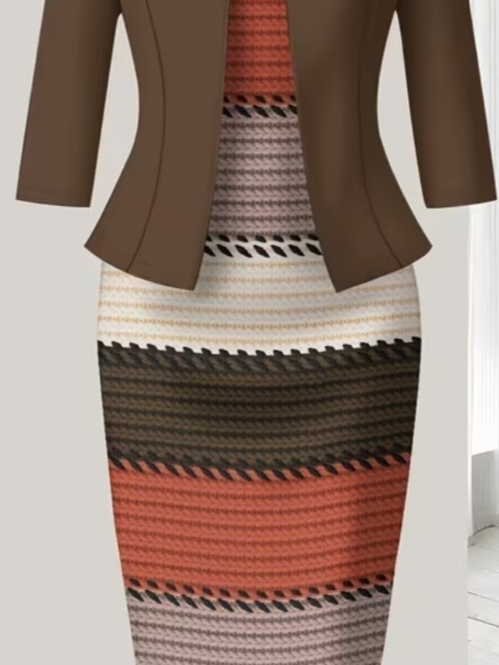 Casual Style Striped Geometric Dress Set in Brown, Cream & Rust